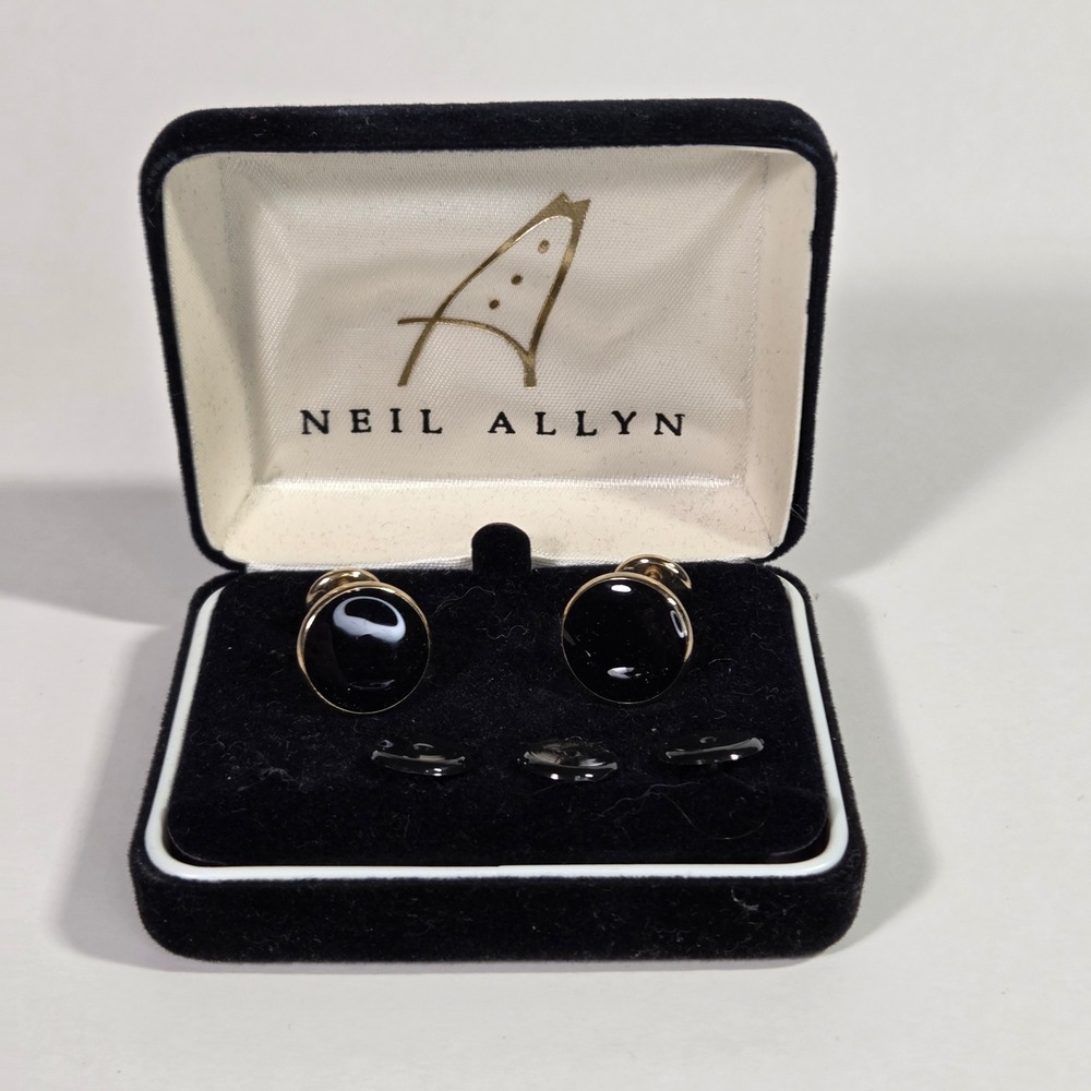 Neil Allyn Cufflinks and Shirt Studs Set Black Gold Tone Formal Wedding Tuxedo - Picture 2 of 3